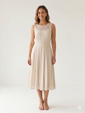 Gerard Darel Paris Cream Embroidered Scallop Neck Midi Dress 100% Rayon 40(US 8)